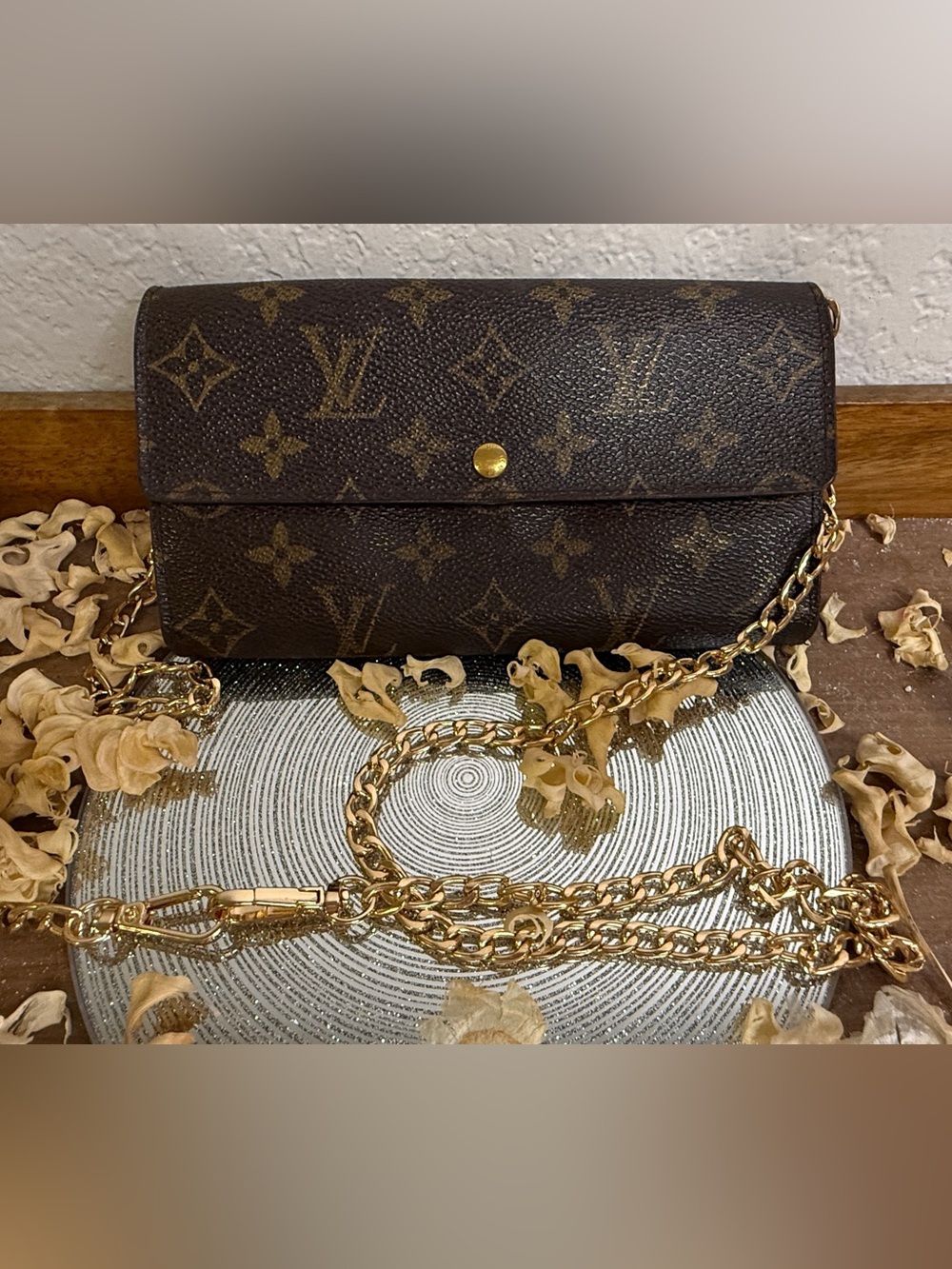 Vintage Louis Vuitton Brown Monogram Wallet/Crossbody with Gold Chain with COA